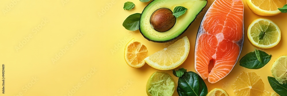 Poster enjoy a colorful breakfast spread showcasing creamy avocado, tender salmon, and zesty citrus slices 