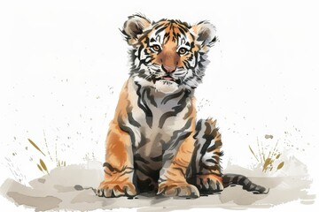 Obraz premium A cute baby Northeast Tiger, drawn in cartoon and Chinese ink painting style, sits on the ground, smiling and raised.