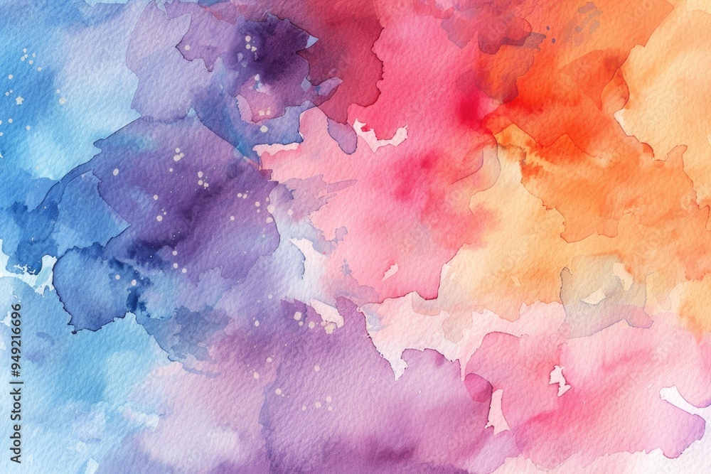 Poster a whimsical watercolor illustration of a vibrant cloudy scene, suitable for use in editorial or desi