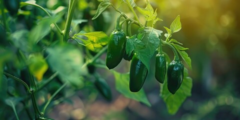 Ripe green peppers on a jalapeno plant in a garden setting