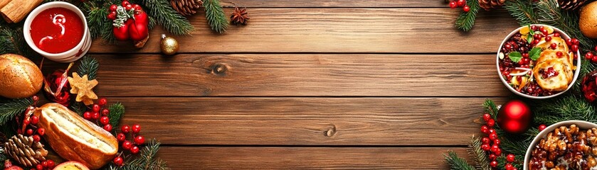 Obraz premium Festive holiday table layout featuring delicious food, warm decorations, and a cozy wooden background for celebration.