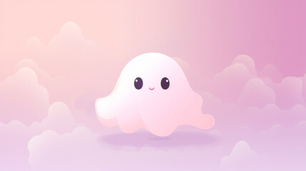 A white, fluffy, and adorable ghost in a kawaii style, set against a pink background.