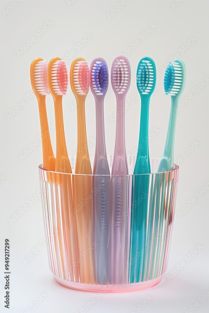 Poster a collection of toothbrushes placed in a cup, ready for use