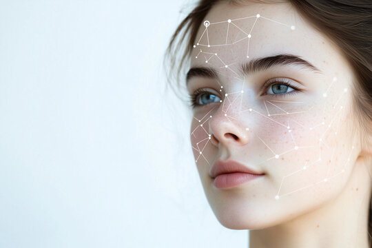 White Woman's Face with Futuristic Facial Recognition Technology Overlay Mapping Scan, Biometric Verification, AI, Cybersecurity, Science