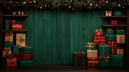 Festive scene with colorful Christmas gifts stacked on shelves against a green wooden backdrop, adorned with garlands and lights.