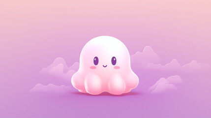 A white, fluffy, and adorable ghost in a kawaii style, set against a pink background.