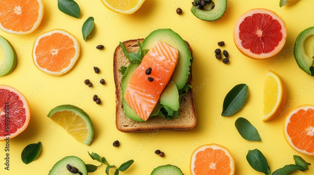 Poster enjoy a nutritious breakfast spread featuring avocado toast topped with salmon, complemented by vibr