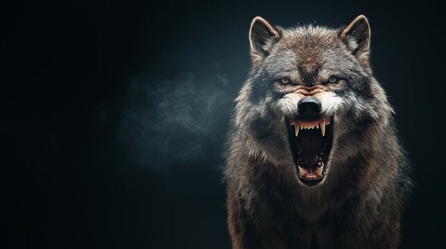 Fierce wolf snarling with bared teeth, showcasing its powerful presence and wild nature against a dark backdrop.