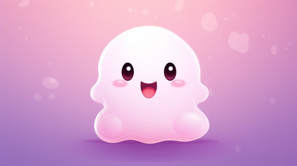 A white, fluffy, and adorable ghost in a kawaii style, set against a pink background.
