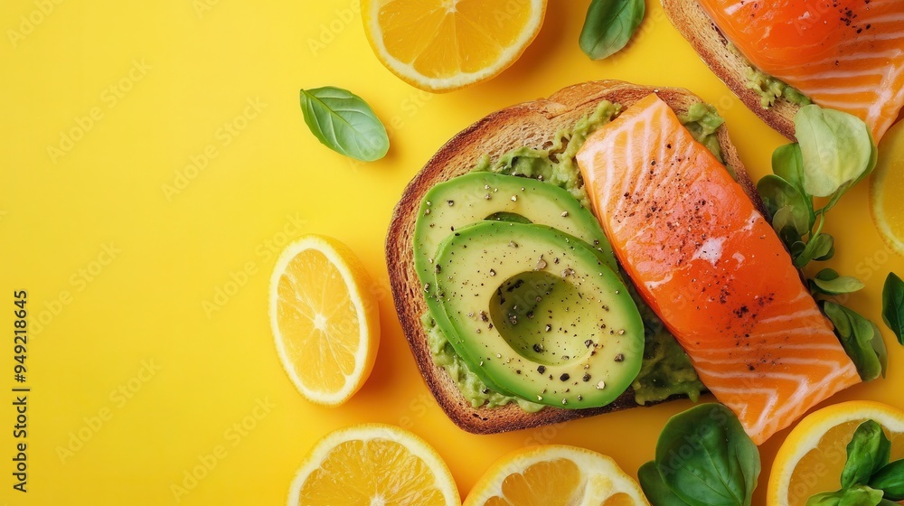 Poster a colorful breakfast spread showcasing avocado toast topped with salmon and surrounded by fresh citr