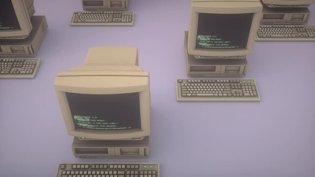 Retro personal computer or PC with keyboard in dynamic motion. Abstract 3D Render pattern. Source code on screens, displays. Vintage 80s, 90s retro style 4K seamless loop animation