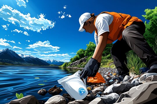 World Cleanup Day with a focus on rivers and lakes, depicted in an artwork where volunteers clean up litter from the shores of a lake, ensuring that the water remains clean and healthy for both