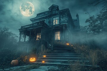 Obraz premium Haunted House with Full Moon and Lanterns