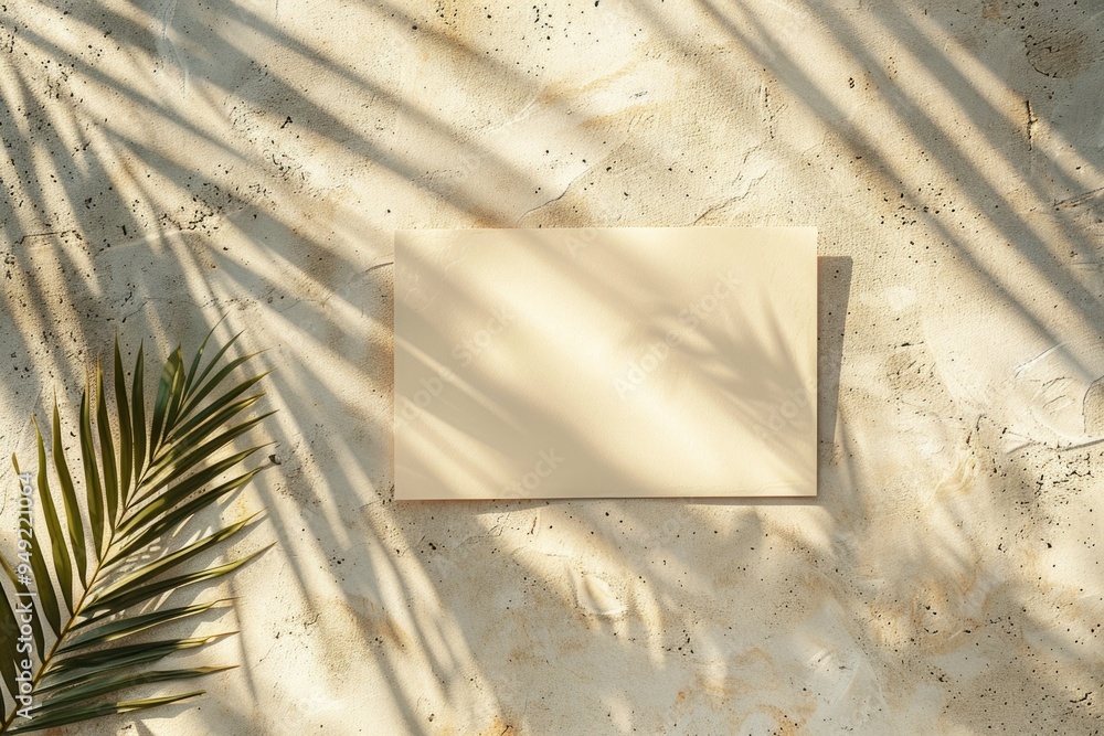 Poster A palm leaf and a blank paper are placed on a wall, perfect for creating a unique backdrop or adding some tropical flair to your design