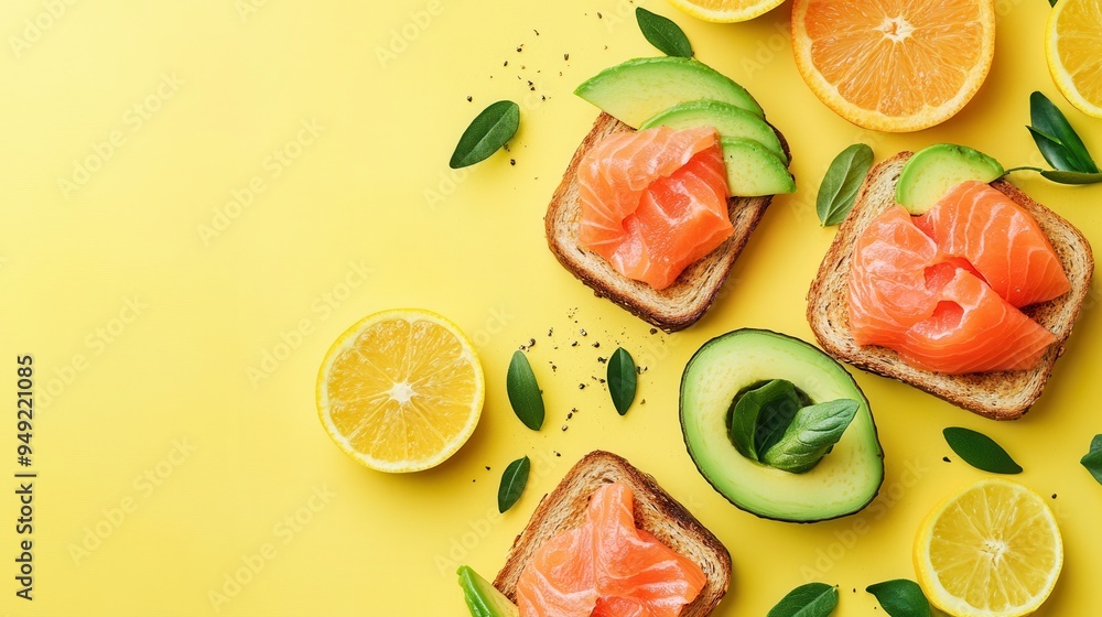Poster A nutritious breakfast layout features avocado toast topped with salmon, complemented by fresh citrus fruits on a cheerful yellow surface. Generative AI