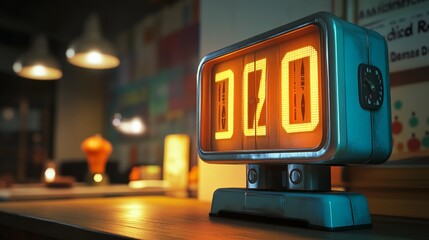 Obraz premium visual of a retro flip clock with large, visible numbers and a mechanical feel.