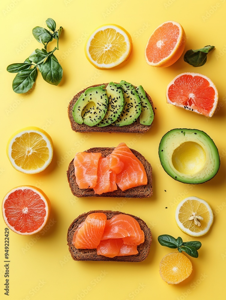 Poster an inviting breakfast spread featuring avocado toast topped with salmon and vibrant citrus fruits, b