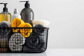 Household cleaning items, including sponges and chemicals, arranged in a basket on a white background.
