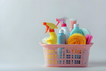 Household cleaning products, including sponges and chemicals, arranged in a basket on a white background