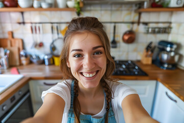 Smiling homeowner taking a selfie with her newly renovated kitchen in the background, celebrating the success of her DIY project.