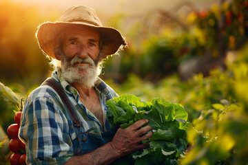Committed farmer on his farm, tending the land with love to produce fresh and healthy food.