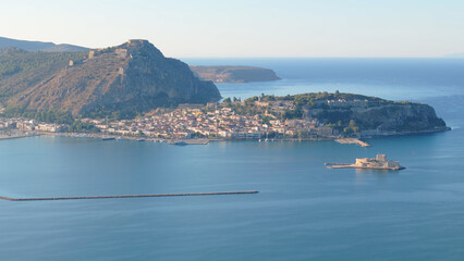 greece peloponnese region old capital nafplio aerial view with sunrise and sunset lights