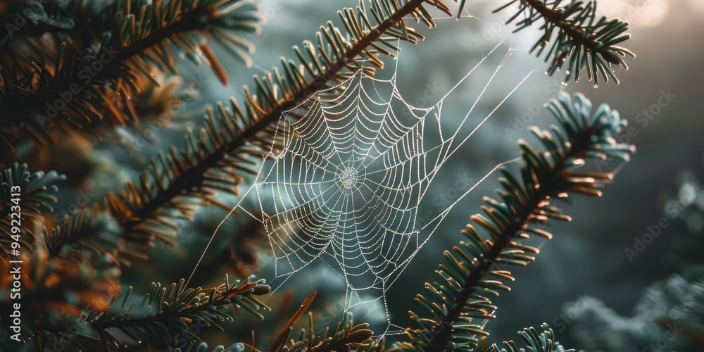Poster high orb weaver spider web suspended between tree branches