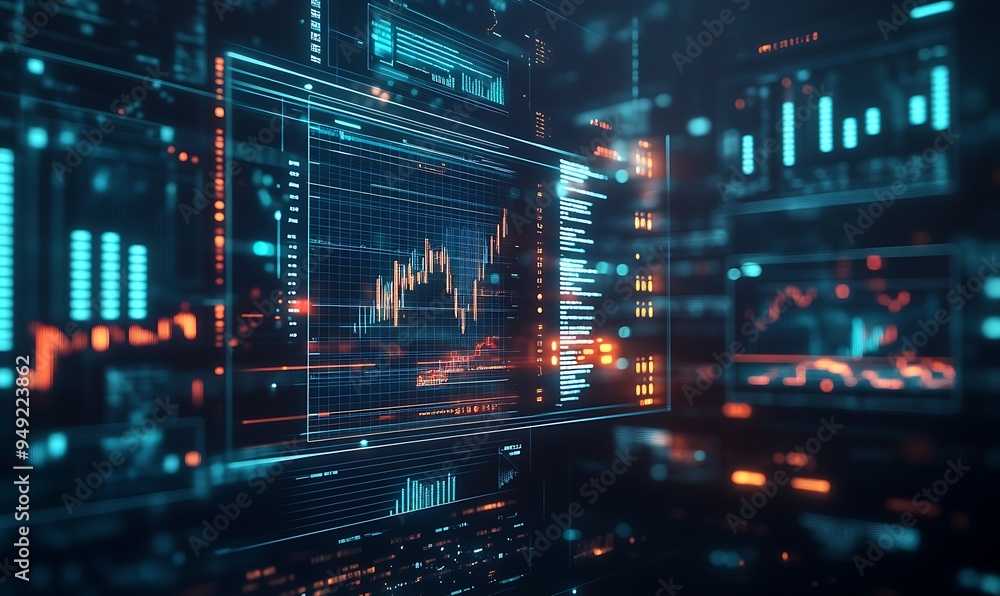 Poster blockchain-based financial services hub with decentralized ledgers and smart contracts, secure and d