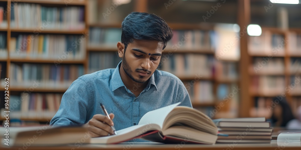 Poster focused indian student organizes textbooks while studying in a library setting