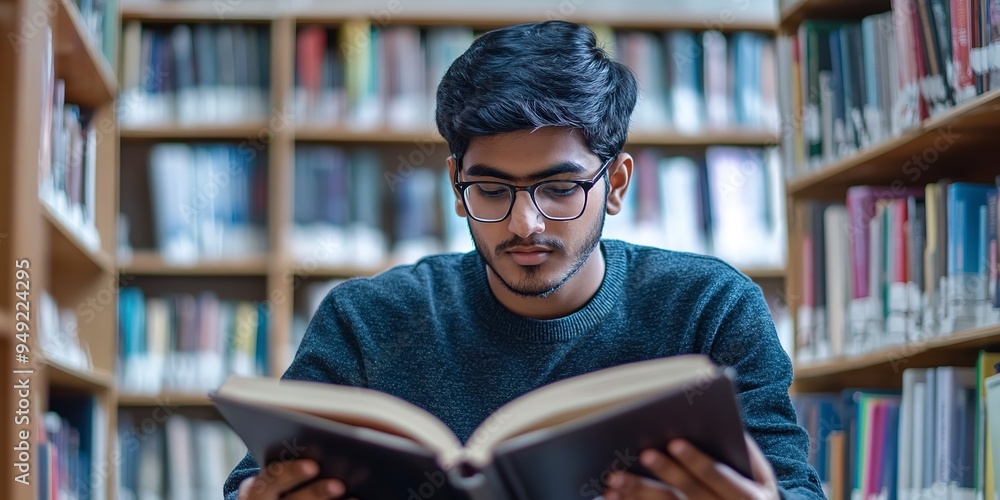 Poster focused indian student organizes textbooks while studying in a library setting