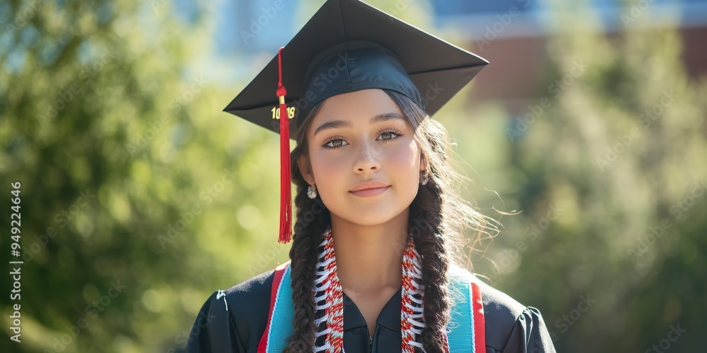 Poster indigenous graduate student girl portrait wearing graduation hat and gown 