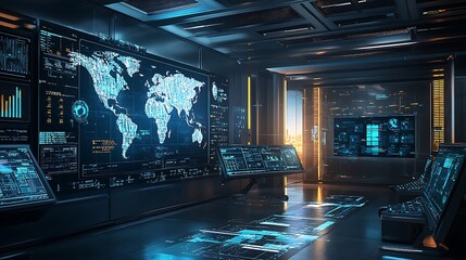 High-Tech Supply Chain Control Room with Real-Time Monitoring and AI-Driven Decision Support Systems, Dynamic and Secure Environment, Photo Realistic