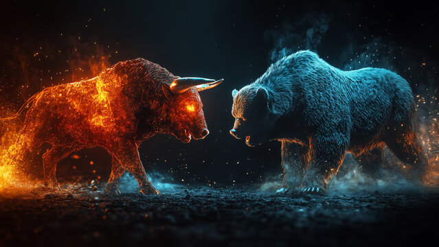 Bull Versus Bea - bull, bear, stock market, fire, ice, confrontation, battle, conflict, finance, trading, rivalry, hot, cold, duel, clash, metaphor, symbol, aggressive, fierce