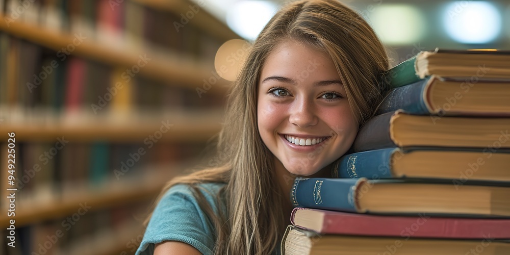 Aufkleber a young college student smiling at the camera while leaning on a stack of books in a library or stud