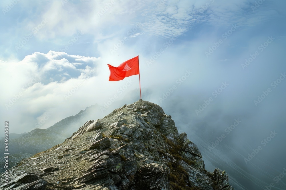 Aufkleber A red flag waves high up on the side of a mountain, possibly indicating a warning or signaling something