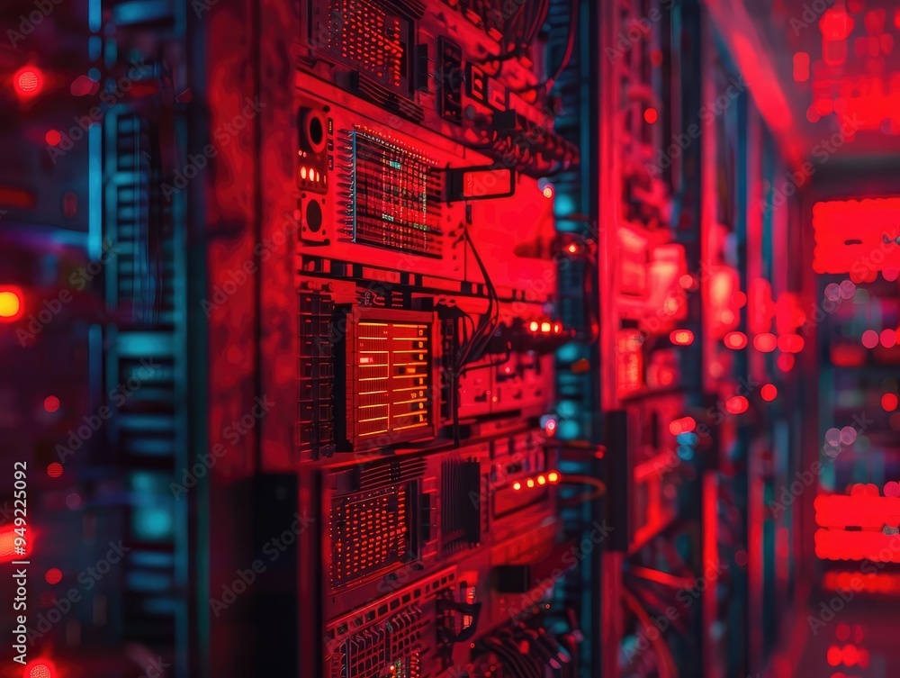Poster red glowing server rack in a data center.