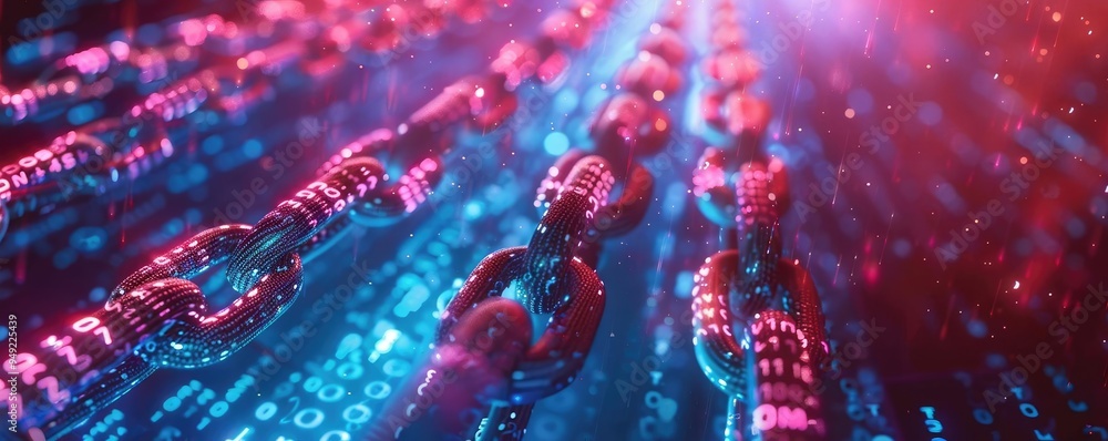 Poster futuristic blockchain digital chains with glowing neon codes