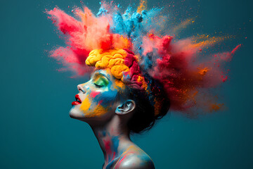 Color explosion on a woman head. , Colorful powder swirls around a woman's head.