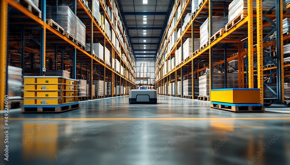 Poster automated warehouse with robotic inventory management and smart shelving systems, efficient and resi