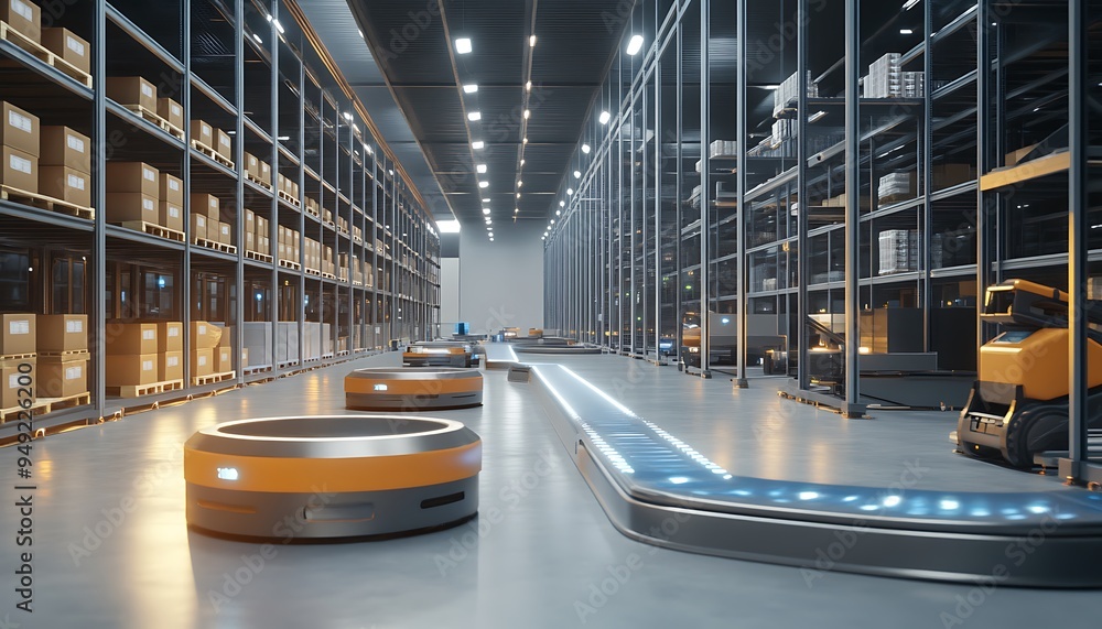 Poster automated warehouse with robotic inventory management and smart shelving systems, efficient and resi