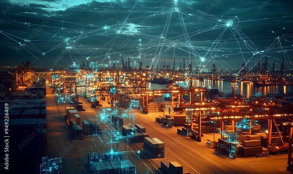 Poster global logistics network visualized as interconnected digital nodes with ai-driven risk assessment, 