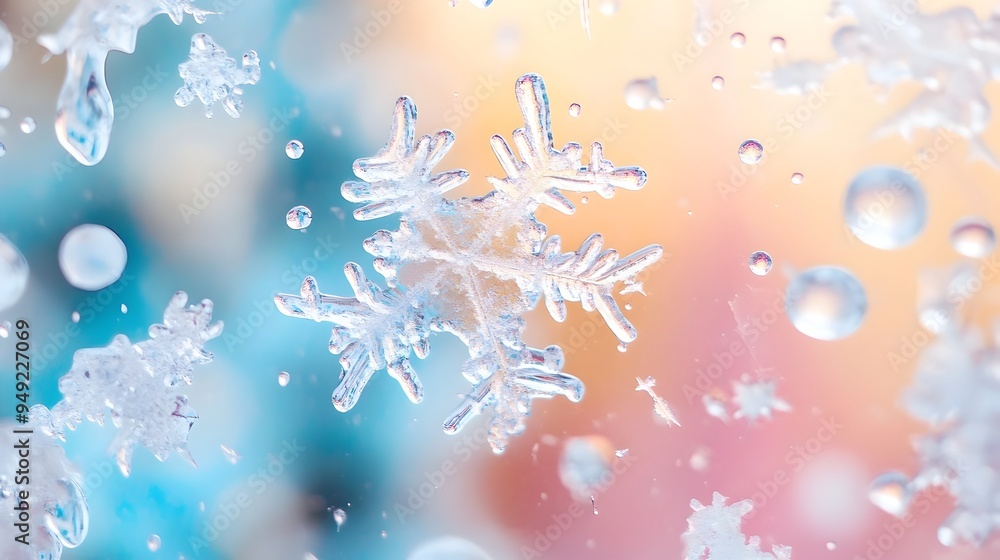 Poster macro photograph of icy rain droplets and frozen patterns on a window pane in a bitterly cold and we