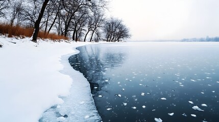 Drifting Snow on a Frozen Lake in a Serene Winter Landscape