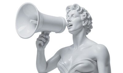 Screaming into a megaphone. Statue head and human hands isolated on transparent background.