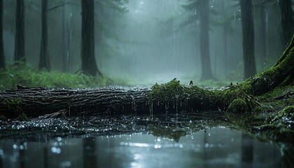 Fallen Log Over a Swamp on a Rainy Day Nature's Quiet Melancholy