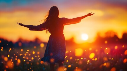 Ethereal Silhouette of a Woman Dancing at Vibrant Sunset in Countryside Landscape