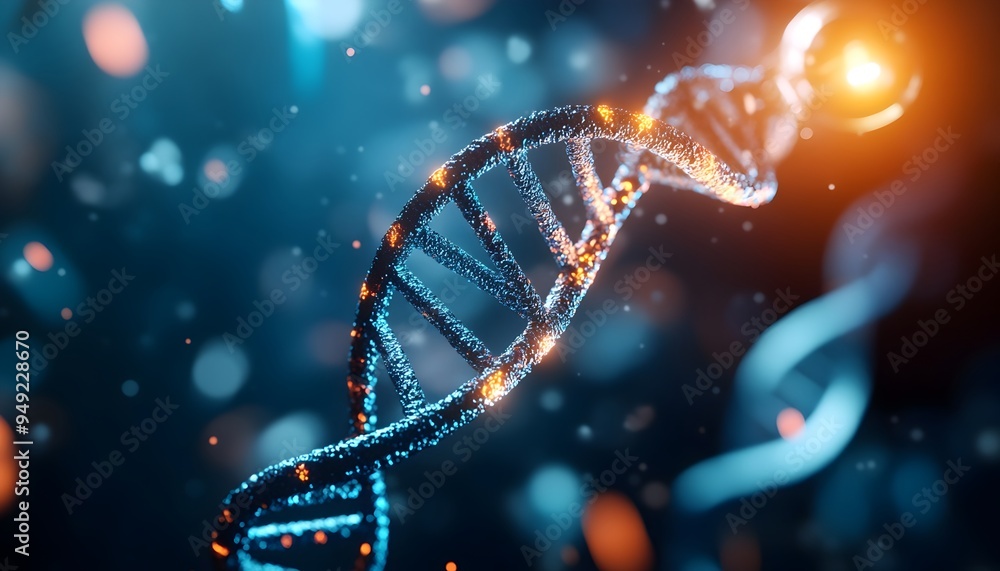 Poster animated double helix dna structure with glowing strands and camouflage figures