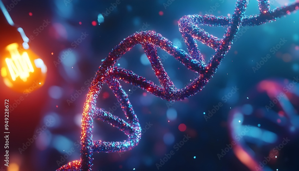 Poster glowing dna helix animation with departmentalized camouflage figures in the background