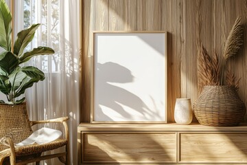 Poster Frame Mockup on Wooden Interior Background created with Generative AI