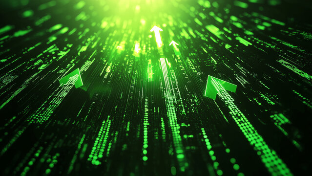Green Arrows Up - green, arrows, digital, matrix, data, binary, abstract, technology, glowing, futuristic, progress, uptrend, light, movement, lines